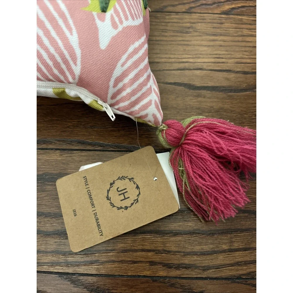 Janeen Home Boho Beetle Accent Pillow Raffia Embroidered Tassel Pink Green 18